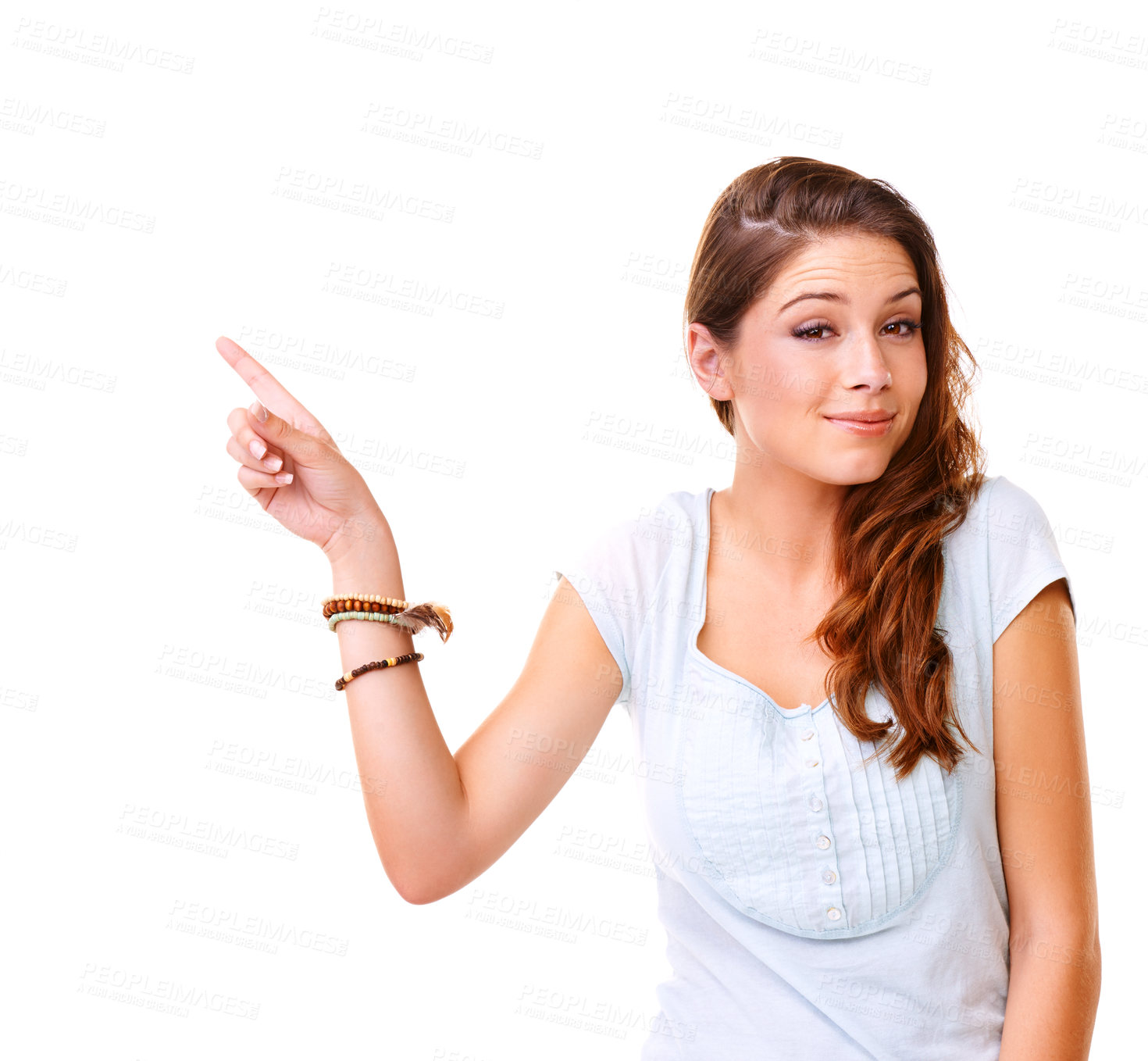 Buy stock photo Idea, insight and solution portrait of woman for innovation, creativity and inspiration marketing mockup. Satisfied girl pointing hand for ideas with smile on white studio background for advertising.