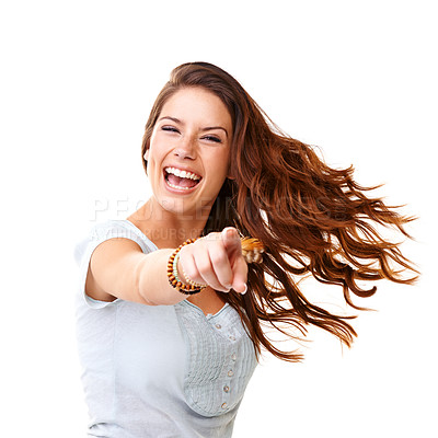 Buy stock photo Beautiful woman, finger and pointing with happy expression against a white studio background. Portrait of isolated female model posing with smile in happiness standing with hand gesture