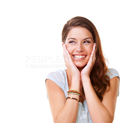 Buy stock photo Happy woman, smile and standing isolated on a white background or mockup in happiness for surprise. Young excited female, person or lady model face smiling and thinking, surprised or curiosity