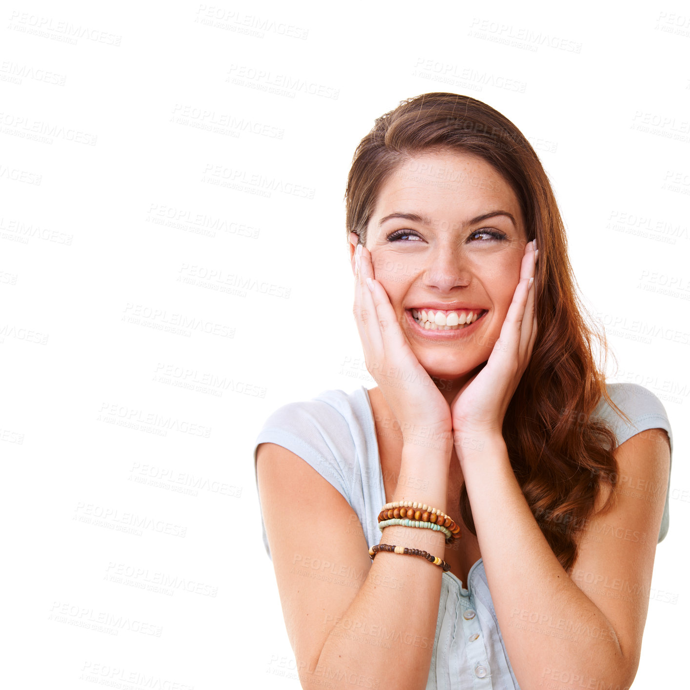 Buy stock photo Happy woman, smile and standing isolated on a white background or mockup in happiness for surprise. Young excited female, person or lady model face smiling and thinking, surprised or curiosity