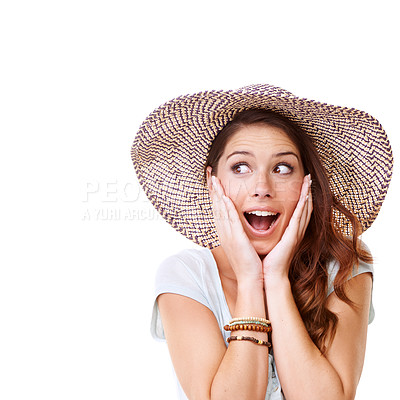Buy stock photo Woman, wow face and studio with hat for summer, fashion and excited for vacation with facial beauty. Model, clothes and surprise with hands, background and sunhat for safety from sunburn on holiday