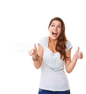 Buy stock photo Wow, thumbs up and woman in studio for success, thank you or marketing achievement on mockup. Excited model with ideas on face and ok or yes hands sign on advertising space or mock up for branding