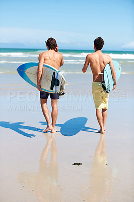 Buy stock photo Running, surfing and rear view of men friends at a beach with freedom, energy or fun. Back, fitness and surfer people at the ocean excited for summer vacation, workout or water sports hobby in Hawaii