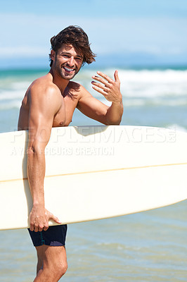 Buy stock photo Portrait, surfboard and man at the beach to come for surfing while on summer holiday, vacation and travel in sunshine. Happy male surfer gesture hands for invite, join and freedom to surf at ocean