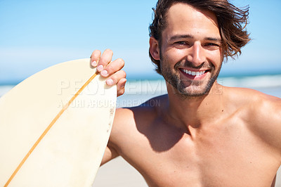 Buy stock photo Portrait, surfing and a man in the ocean at the beach for surfing while on summer holiday or vacation. Invite, come and join with a happy young male surfer holding a surfboard outdoor by the sea