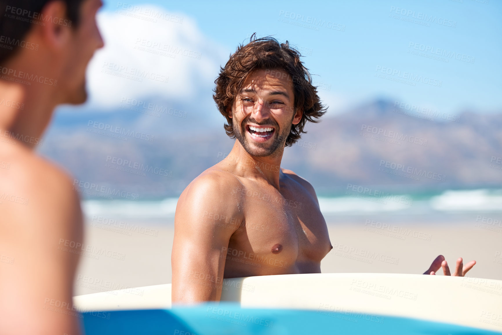 Buy stock photo Beach sports, happiness and surfing friends, people or men happy, talking and walking to outdoor nature wellness. Nature, funny conversation and surfer smile for cardio exercise, workout or adventure