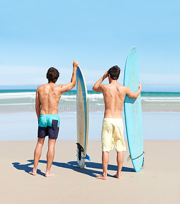 Buy stock photo Surf, back and beach sports people, friends or men looking at ocean waves, sea water or nature view, freedom or island paradise. Surfboard, surfing partner and surfer for exercise, workout or fitness