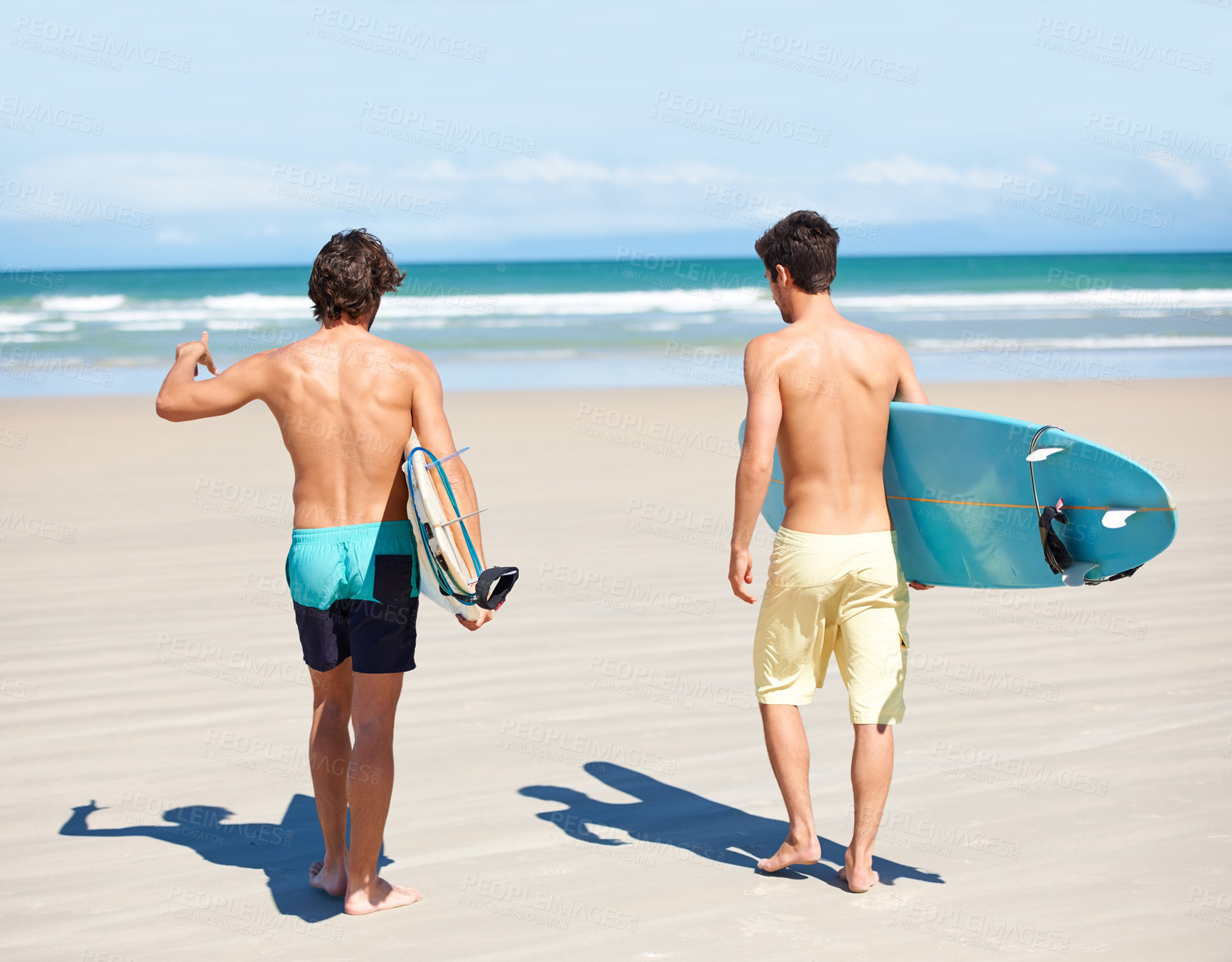 Buy stock photo Beach sports, walk and surfing people, friends or men travel to ocean waves, sea water or outdoor nature wellness. Surfboard, island sand or back of surfer for tropical adventure, sunshine or freedom