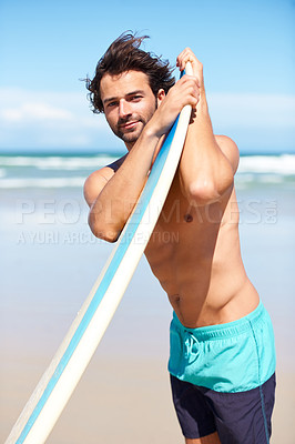 Buy stock photo Portrait, surfboard and a man at the beach for surfing while on summer holiday or vacation for sports. Surf, sport and body with a young male surfer shirtless outdoor by the sea for an active hobby