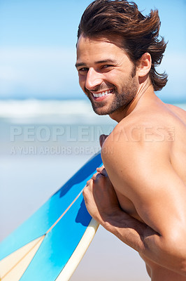 Buy stock photo Portrait, surfboard and a surfer man at the beach in the ocean for surfing while on holiday or vacation. Face, smile and summer with a happy young male athlete shirtless outdoor by the sea for sport
