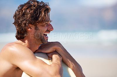 Buy stock photo Beach sports, surf and man laughing at funny surfing activity, training comedy and look at outdoor wellness, freedom or nature. Joke, outdoor mockup space and profile of surfer watch exercise humour