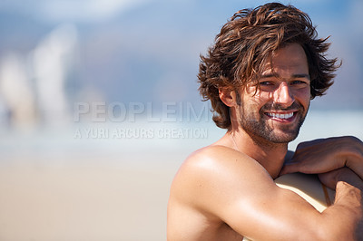 Buy stock photo Beach sports, surf portrait and happy man for activity, training or natural outdoor wellness, sea or nature. Happiness, mockup space or face of relax surfer smile for waves, summer or fitness