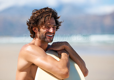 Buy stock photo Beach, sports man and surfer smile for wellness activity, training and looking at outdoor wellness, freedom or nature. Happiness, surfing tournament or person watch exercise, competition or challenge