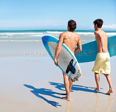 Buy stock photo Surfer, running and rear view of men friends at a beach with freedom, energy or fun. Back, fitness and surfing people at the ocean excited for summer vacation, workout or water sports hobby in Hawaii