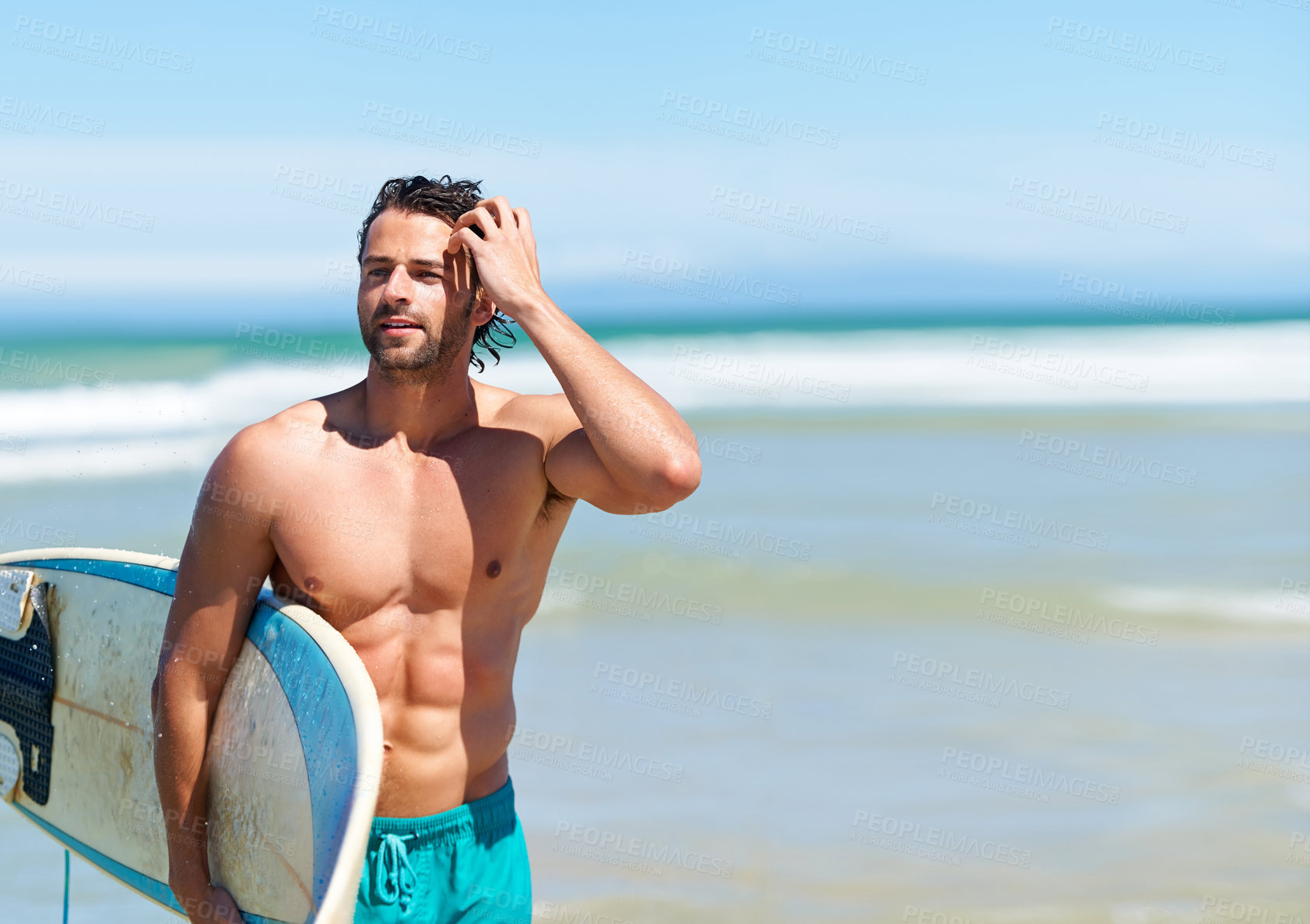 Buy stock photo Man, surf and sea with thinking, training and waves with water sport and exercise outdoor of athlete. Surfer, surfboard and vacation by the ocean and beach for summer wellness and fitness mockup