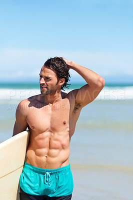 Buy stock photo Beach sports, fitness or surfing man ready for activity, shirtless or outdoor nature wellness on Hawaii vacation. Surfboard, muscular athlete body or holiday surfer for exercise, workout or adventure