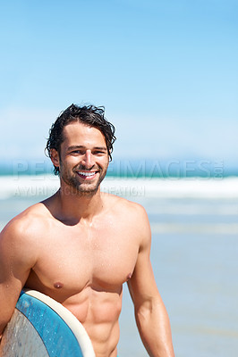 Buy stock photo Portrait, surfboard and shirtless man at the beach, ocean  and smile for summer vacation, tropical fun and holiday. Happy surfer, muscular male and guy surfing at sea with mockup space on blue sky