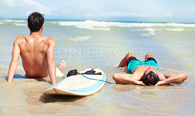Buy stock photo Beach sports, relax people and surfer lying on sand, resting break from wellness activity, training or nature workout. Stress relief, sea water and outdoor surfing partner, friends or men on island