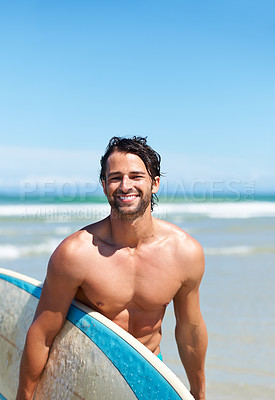 Buy stock photo Portrait, surfboard and a man laughing at the beach in the ocean while surfing on summer vacation or holiday. Smile, body or fun with a happy young male surfer shirtless outdoor by the sea for a surf