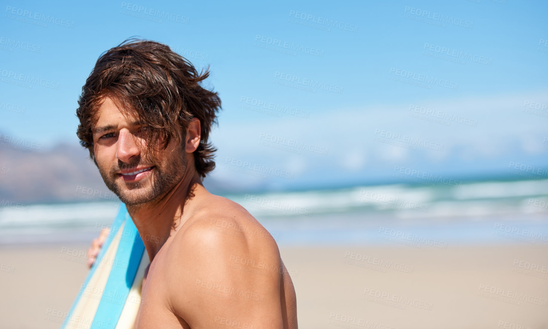 Buy stock photo Beach portrait, surf and sports man on holiday, vacation or Spain getaway for nature, freedom or natural outdoor wellness. Surfboard, summer sunshine and face of relax surfer with coast mockup space