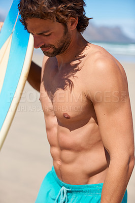 Buy stock photo Beach, fitness and man at a beach with surfboard for training, cardio or water sports. Surfing, freedom and male surfer at the sea for summer, fun and adventure, travel or holiday, workout or hobby