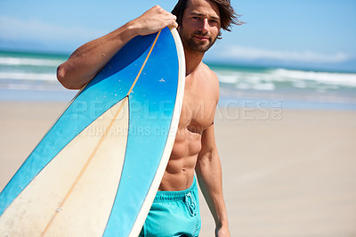 Buy stock photo Beach, portrait and fitness man at the ocean with surfboard for training, cardio or water sports. Surfing, exercise and face of male surfer at sea for summer, fun and adventure, travel or workout