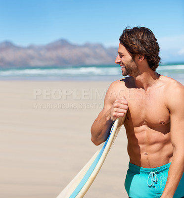 Buy stock photo Surfing, fitness and happy man at a beach with surfboard for training, hobby or fun in nature. Water, sports and male surfer relax at the sea for travel, freedom and adventure workout in Hawaii 