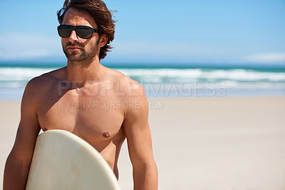 Buy stock photo Man, surf and vacation with thinking and sunglasses by the beach and sea for fitness and water sport with mockup space. Confidence, male person and surfboard for workout and training by the ocean