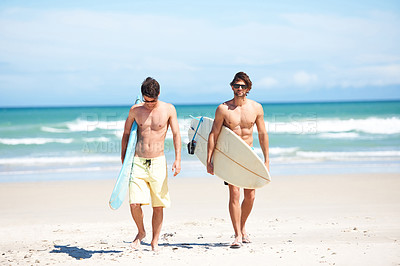 Buy stock photo Surfing, men and friends at a beach for fitness, adventure or training in nature together. Travel, freedom and surfer people walking at the ocean for water sports, bonding and summer vacation in Bali