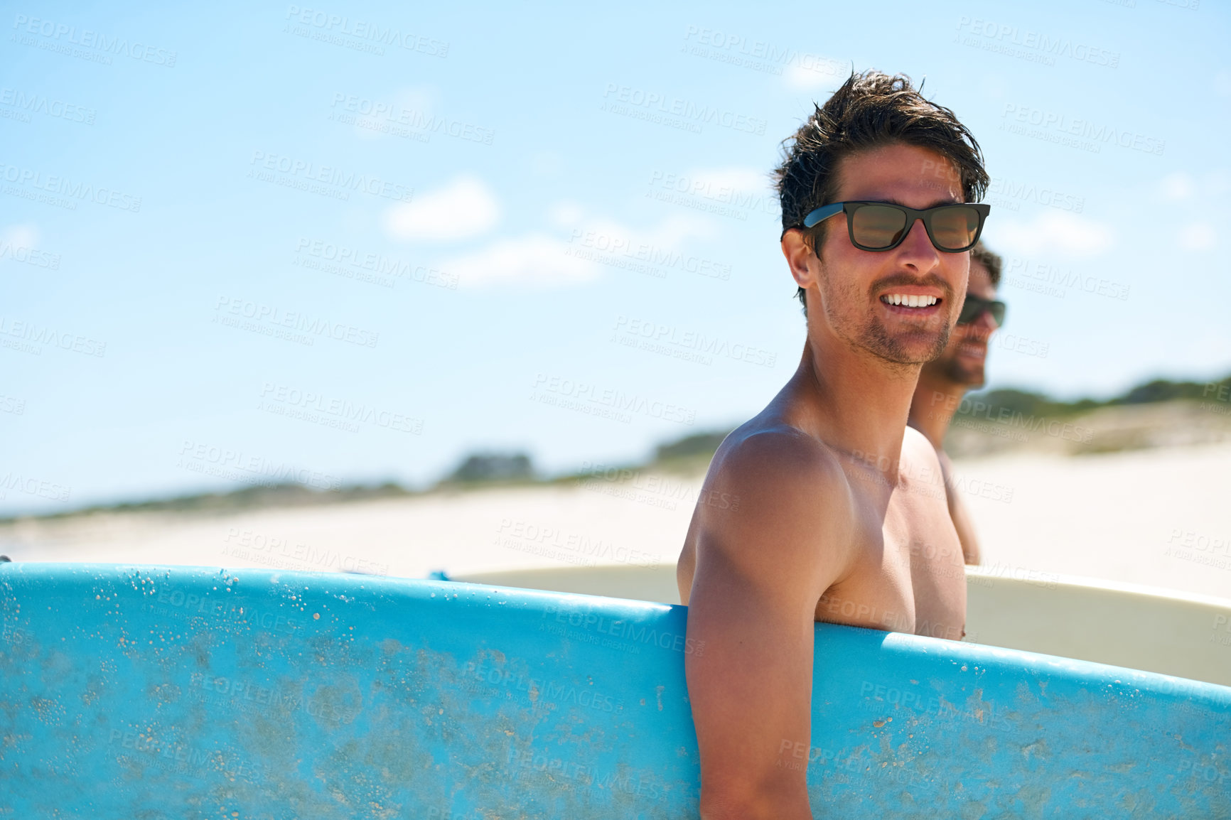 Buy stock photo Beach, summer and surfboard with man friends outdoor together for travel, vacation or holiday trip overseas. Surfing, sea or fun with a young male surfer in sunglasses and friend bonding on the coast