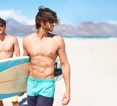 Buy stock photo Beach, body and man surfing friends outdoor together for travel, vacation or holiday trip overseas. Surf, sea or summer with a shirtless male surfer in sunglasses and friend bonding on an ocean coast