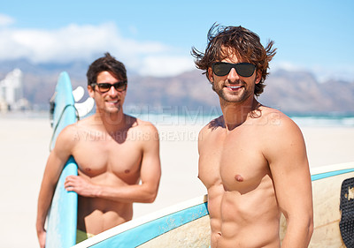 Buy stock photo Beach, sunglasses and man surfing friends outdoor together for travel, vacation or holiday trip overseas. Surf, sea or fun with a young male surfer and friend bonding in summer on an ocean coast