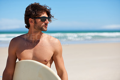 Buy stock photo Man tinking, surf and travel with sunglasses by the beach and sea for fitness and water sport with mockup space. Confidence, male person and surfboard for workout and training by ocean with freedom
