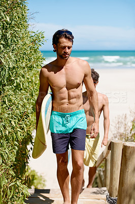 Buy stock photo Beach, body and fitness surfer men friends at sea, walking or having fun in nature. Ocean, sport and people with surfboard outdoor for training, freedom or summer, workout or vacation in Hawaii 