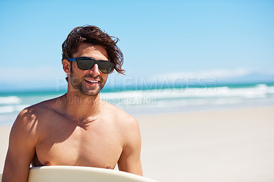 Buy stock photo Man smile, surf and vacation with sunglasses by the beach and sea for fitness and water sport with mockup space. Confidence, male person and surfboard for workout and training by ocean with freedom