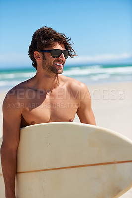 Buy stock photo Happy man, surf and vacation with sunglasses by the beach and sea for fitness and water sport with mockup space. Confidence, male person and surfboard for workout and training by ocean with freedom