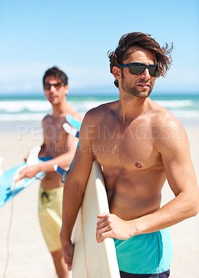Buy stock photo Beach, summer and man surfer friends outdoor together for travel, vacation or holiday trip overseas. Surf, sea or fun with a young male and friend surfing in sunglasses bonding on an ocean coast