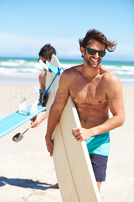 Buy stock photo Travel, summer and surfing friends on the beach together together for vacation or holiday trip overseas. Surf, ocean or fun with a young man surfer in sunglasses and friend bonding outdoor by the sea