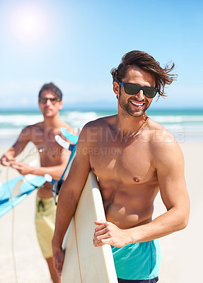 Buy stock photo Beach, travel and man surfing friends outdoor together for summer vacation or holiday trip overseas. Surf, sea or fun with a shirtless young male surfer in sunglasses and friend bonding on the coast