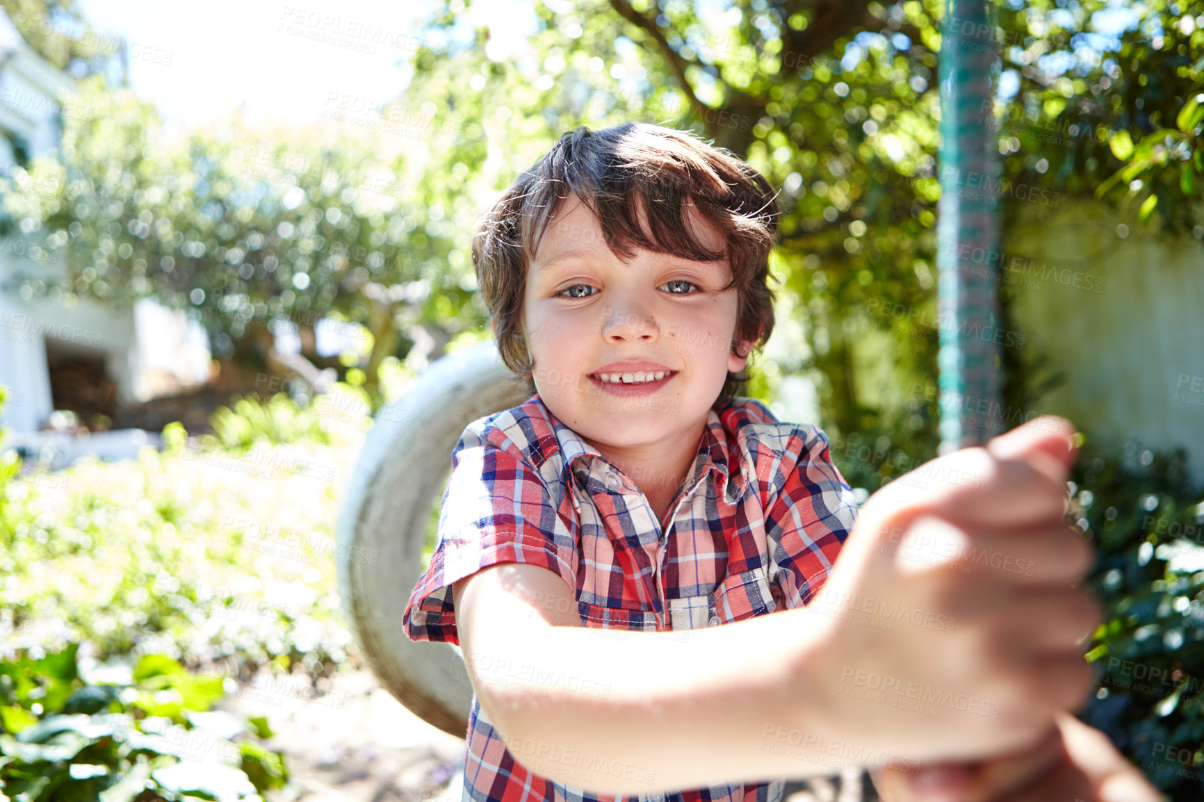 Buy stock photo Cropped shot of a young boy swinging in the yard