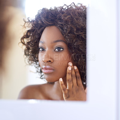 Buy stock photo Mirror, black woman and relax in home for skincare, beauty treatment and confidence for glowing tone. Bathroom, female person and results with routine benefits, reflection and soft smooth with touch