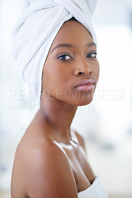 Buy stock photo Skincare, black woman and portrait in bathroom with towel, peace and natural beauty. Shower, dermatology and person in home with healthy skin, luxury treatment and calm with aesthetic in Brazil