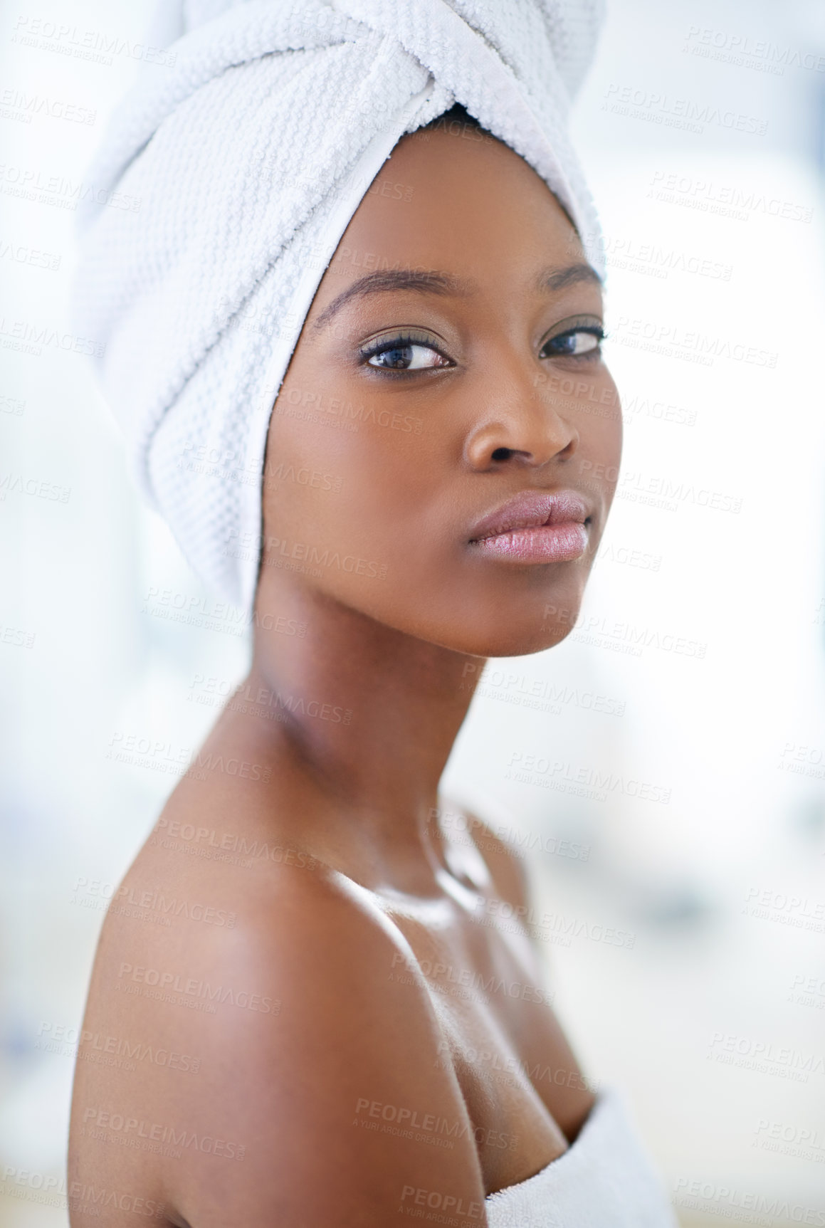 Buy stock photo Skincare, black woman and portrait in bathroom with towel, peace and natural beauty. Shower, dermatology and person in home with healthy skin, luxury treatment and calm with aesthetic in Brazil