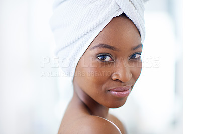 Buy stock photo Skincare, glow and portrait of black woman, confident and routine for soft, smooth and natural beauty in home. Morning, treatment and dermatology for skin, model and person with towel and bathroom