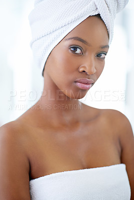 Buy stock photo Beauty, skincare and portrait of black woman in bathroom for shower, cosmetics and diy spa treatment. Self care, dermatology and morning glow with person at home for relax, pamper and shine