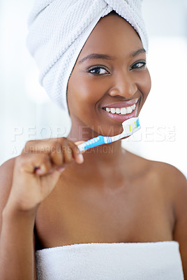 Buy stock photo Oral care, portrait and black woman with toothbrush in bathroom for fresh breath routine. Happy, dental health and African person cleaning teeth for cavity, plaque and gum disease prevention at home.