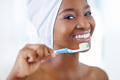 Buy stock photo Dental hygiene, portrait and black woman with toothbrush in bathroom for fresh breath routine. Happy, oral care and African person cleaning teeth for cavity, plaque and gum disease prevention at home