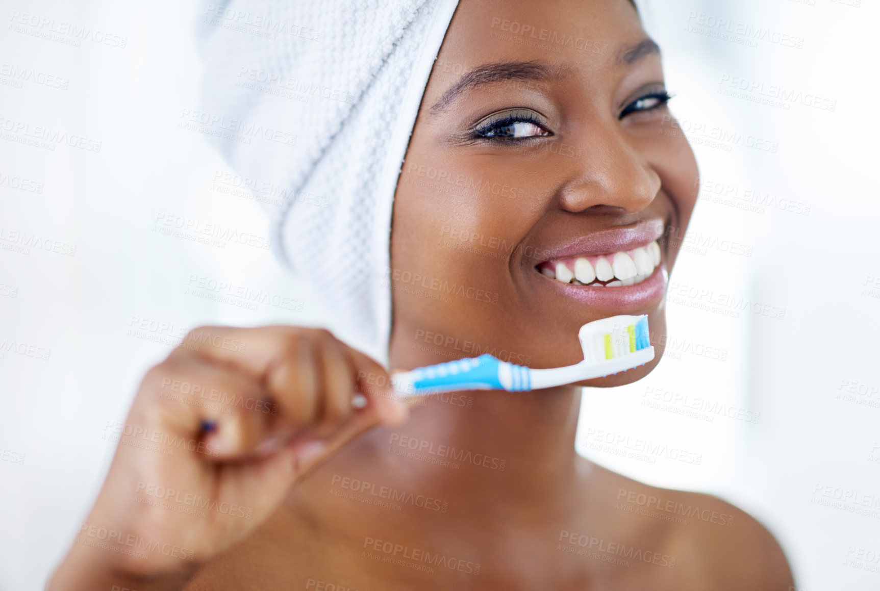 Buy stock photo Dental hygiene, portrait and black woman with toothbrush in bathroom for fresh breath routine. Happy, oral care and African person cleaning teeth for cavity, plaque and gum disease prevention at home