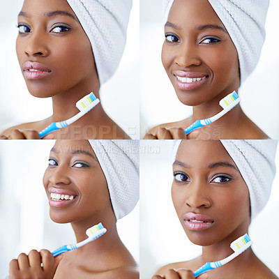 Buy stock photo Black woman, portrait and smile with toothbrush in home with collage, towel or self care in morning. Girl, person and happy for teeth whitening with oral wellness, routine and cleaning mouth in Kenya