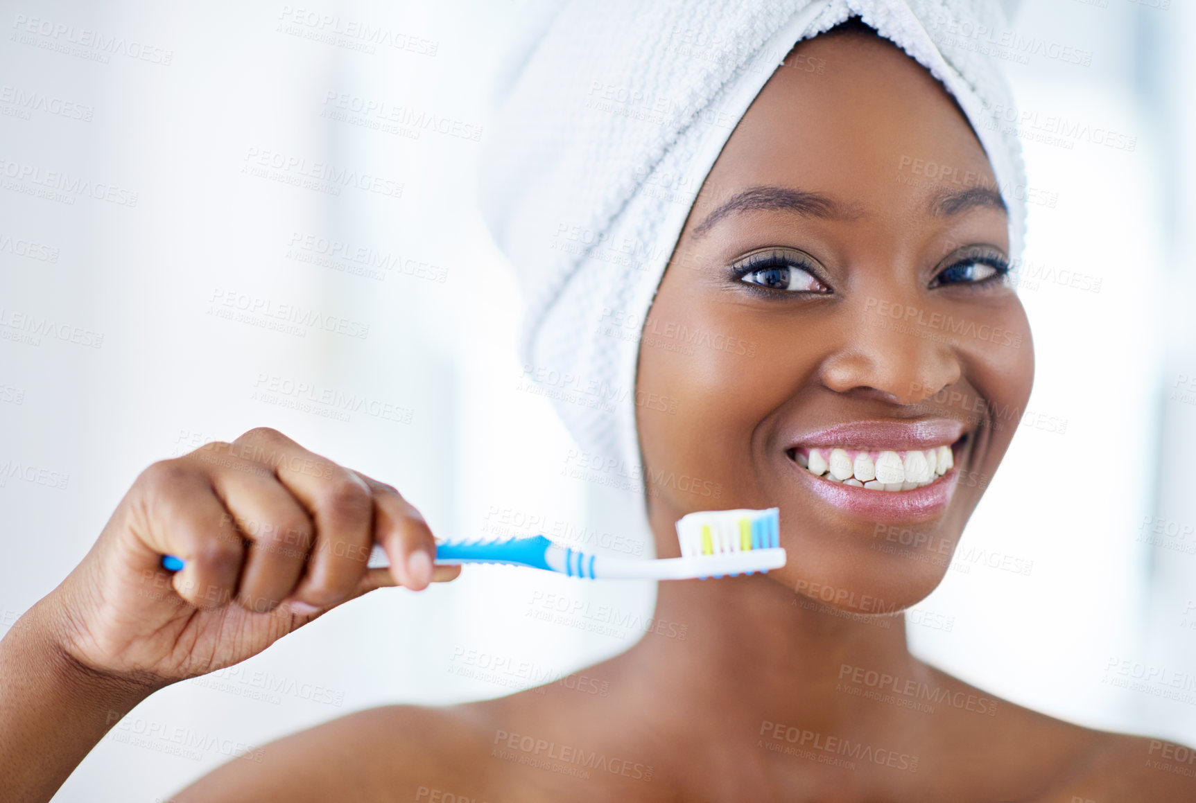 Buy stock photo Dental, portrait and black woman with toothbrush in bathroom for fresh breath routine. Happy, oral care and African person cleaning teeth for cavity, plaque and gum disease prevention at home.